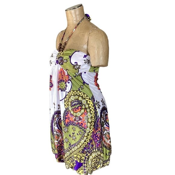 Ruby Rox Halter Dress Sz S Satin Floral Paisley Wood Bead Accent 264C - Picture 4 of 8